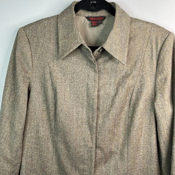 VINTAGE Simon Chang Cashmere Wool Blend Blazer Brown Tweed Button Up Size 10 - Picture 3 of 14